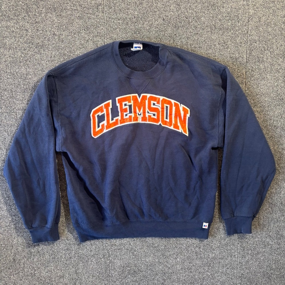 Vintage Russell Athletic Clemson University Sweatshirt Navy Blue Large Arch Logo